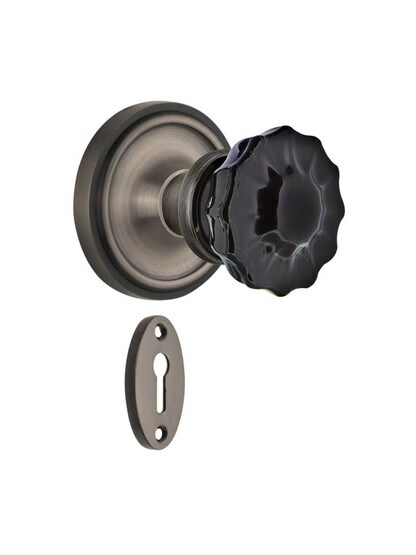 Classic Rosette Mortise Lock Set with Colored Fluted Crystal Glass Knobs Black in Antique Pewter.